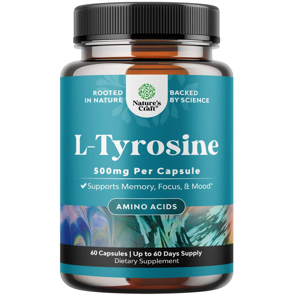 Free Form L Tyrosine 500mg Capsules - High Strength L-Tyrosine Supplement for Mental Energy and Focus Support - Amino Acid Nootropic Supplement for Mood Focus Attention and Cognition (60 Count)